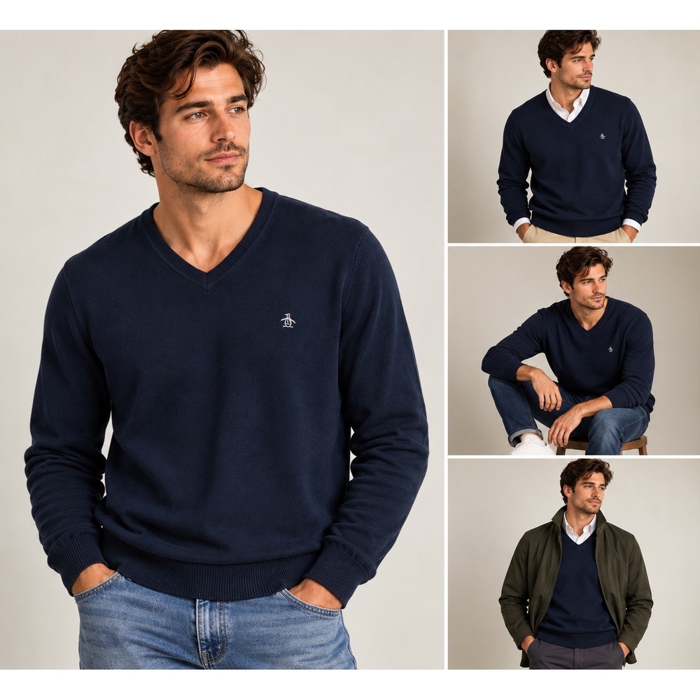 Original Penguin Sweater Mens XXL Blue Cotton V-Neck Logo Pullover Knit Classic